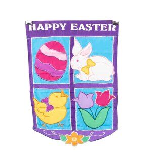 Happy Easter Garden Flag Bunny Chick Egg Tulips 11"x16" Purple Embroidered